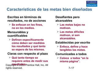 Copyright © 2005 Prentice Hall, Inc. All
rights reserved. 7–17
Características de las metas bien diseñadas
• Escritas en términos de
resultados, no de acciones
 Se enfocan en los fines,
no en los medios.
• Mensurables y
cuantificables
 Definen específicamente
cómo deben ser medidos
los resultados y qué tanto
se espera de los mismos.
• Claras con respecto al plazo
 Qué tanto tiempo se
requiere antes de medir sus
resultados.
• Desafiantes pero
alcanzables
 Las metas bajas no
motivan.
 Las metas difíciles
motivan, si son
alcanzables.
• Establecidas por escrito
 Enfoca, define y hace
tangibles las metas.
• Comunicadas a todos
 Coloca a todos “en la
misma página”.
 