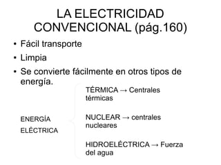LA ELECTRICIDAD
       CONVENCIONAL (pág.160)
●   Fácil transporte
●   Limpia
●   Se convierte fácilmente en otros tipos de
    energía.
                       TÉRMICA → Centrales
                       térmicas

    ENERGÍA            NUCLEAR → centrales
                       nucleares
    ELÉCTRICA

                       HIDROELÉCTRICA → Fuerza
                       del agua
 