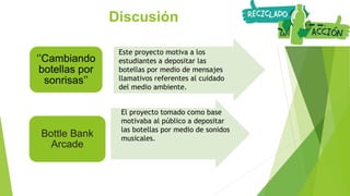 Discusión
‘’Cambiando
botellas por
sonrisas’’
Bottle Bank
Arcade
Este proyecto motiva a los
estudiantes a depositar las
botellas por medio de mensajes
llamativos referentes al cuidado
del medio ambiente.
El proyecto tomado como base
motivaba al público a depositar
las botellas por medio de sonidos
musicales.
 