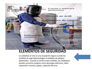 ELEMENTOS DE SEGURIDAD
La soldadura al arco es una ocupación segura cuando las
medidas de seguridad protegen al soldador de peligros
potenciales. Cuando se omiten estas medidas, los soldadores
pueden encontrar peligros como descargas eléctricas, sobre
exposición a humos y gases, radiación del arco.
 