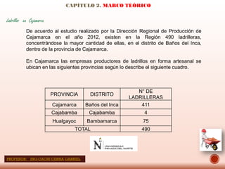 CAPÍTULO 2. MARCO TEÓRICO
Ladrillos en Cajamarca
De acuerdo al estudio realizado por la Dirección Regional de Producción de
Cajamarca en el año 2012, existen en la Región 490 ladrilleras,
concentrándose la mayor cantidad de ellas, en el distrito de Baños del Inca,
dentro de la provincia de Cajamarca.
En Cajamarca las empresas productores de ladrillos en forma artesanal se
ubican en las siguientes provincias según lo describe el siguiente cuadro.
PROVINCIA DISTRITO
N° DE
LADRILLERAS
Cajamarca Baños del Inca 411
Cajabamba Cajabamba 4
Hualgayoc Bambamarca 75
TOTAL 490
PROFESOR: ING:CACHI CERNA GABRIEL
 