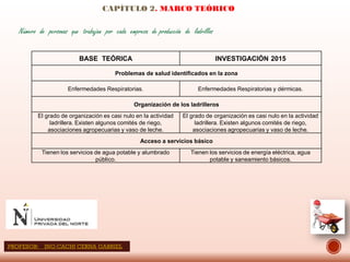 CAPÍTULO 2. MARCO TEÓRICO
Número de personas que trabajan por cada empresa de producción de ladrillos
BASE TEÓRICA INVESTIGACIÓN 2015
Problemas de salud identificados en la zona
Enfermedades Respiratorias. Enfermedades Respiratorias y dérmicas.
Organización de los ladrilleros
El grado de organización es casi nulo en la actividad
ladrillera. Existen algunos comités de riego,
asociaciones agropecuarias y vaso de leche.
El grado de organización es casi nulo en la actividad
ladrillera. Existen algunos comités de riego,
asociaciones agropecuarias y vaso de leche.
Acceso a servicios básico
Tienen los servicios de agua potable y alumbrado
público.
Tienen los servicios de energía eléctrica, agua
potable y saneamiento básicos.
PROFESOR: ING:CACHI CERNA GABRIEL
 