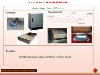 CAPÍTULO 2. MARCO TEÓRICO
Métodos de Ensayos : Succión (NTP 399.613)
Aparatos: Procedimiento:
SOPORTES
UNIDAD ENTRADA
DE AGUA
VERTEDERO
3mm
Finalidad:
Cantidad de agua que atrapa el ladrillo en la cara de asiento.
PROFESOR: ING:CACHI CERNA GABRIEL
 