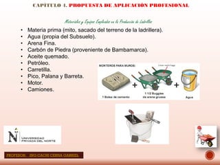 CAPÍTULO 4. PROPUESTA DE APLICACIÓN PROFESIONAL
Materiales y Equipos Empleados en la Producción de Ladrillos
• Materia prima (mito, sacado del terreno de la ladrillera).
• Agua (propia del Subsuelo).
• Arena Fina.
• Carbón de Piedra (proveniente de Bambamarca).
• Aceite quemado.
• Petróleo.
• Carretilla.
• Pico, Palana y Barreta.
• Motor.
• Camiones.
PROFESOR: ING:CACHI CERNA GABRIEL
 