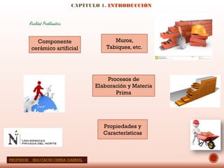 CAPÍTULO 1. INTRODUCCIÓN
Realidad Problemática
Procesos de
Elaboración y Materia
Prima
Propiedades y
Características
Componente
cerámico artificial
Muros,
Tabiques, etc.
PROFESOR: ING:CACHI CERNA GABRIEL
 