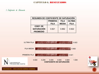 7. Coeficiente de Saturación
CAPÍTULO 6. RESULTADOS
RESUMEN DE COEFICIENTE DE SATURACIÓN
PRIMERA
FILA
FILA
MEDIA
ÚLTIMA
FILA
COEF. DE
SATURACIÓN
PROMEDIO
0.821 0.882 0.922
0.821
0.882
0.922
0.000 0.200 0.400 0.600 0.800 1.000
PRIMERA FILA
FILA MEDIA
ULTIMA FILA
COEFICIENTE DE SATURACIÓN
PROFESOR: ING:CACHI CERNA GABRIEL
 