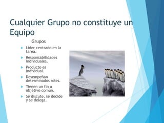 Cualquier Grupo no constituye un
Equipo
Grupos
 Líder centrado en la
tarea.
 Responsabilidades
individuales.
 Producto es
individual.
 Desempeñan
determinados roles.
 Tienen un fin u
objetivo común.
 Se discute, se decide
y se delega.
 