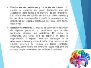  Resolución de problemas y toma de decisiones. El
equipo se esfuerza en tomar decisiones que son
aceptables para todos o la mayoría de sus miembros.
Las diferencias de opinión se discuten abiertamente y
las decisiones son tomadas a través de un consenso. Los
miembros del equipo colaboran por igual para tomar
decisiones
 Relaciones externas. El equipo es consciente del poder
de algunas personas en posiciones que podrían
facilitarle alcanzar sus objetivos. El equipo ha
construido una sólida red de soporte en toda la
organización. El equipo tiene una estrategia de de
relaciones extensa y comunicación. Los miembros del
equipo invierten su tiempo en lograr contactos
externos, como forma de inversión futura más que una
manera simple de resolver necesidades inmediatas.
 