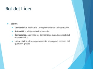Rol del Líder
 Estilos:
 Democrático, facilita la tarea promoviendo la interacción.
 Autocrático, dirige autoritariamente.
 Demagógico, aparenta ser democrático cuando en realidad
es autocrático.
 Laissez-faire, delega pasivamente al grupo el proceso del
quehacer grupal.
 