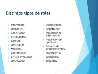 Distintos tipos de roles
 Informante.
 Opinante.
 Conciliador.
 Estimulador.
 Agresor.
 Obstructor.
 Marginal.
 Coordinador.
 Critico Evaluador.
 Observador.
 Dinamizador.
 Registrador.
 Inquiridor de
información.
 Inquiridor de
opiniones.
 Técnico de
procedimientos.
 Transigente.
 Legislador.
 Seguidor.
 