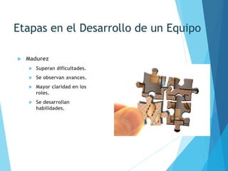 Etapas en el Desarrollo de un Equipo
 Madurez
 Superan dificultades.
 Se observan avances.
 Mayor claridad en los
roles.
 Se desarrollan
habilidades.
 