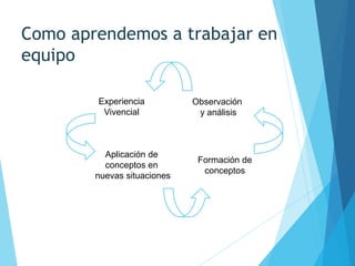 Como aprendemos a trabajar en
equipo
Experiencia
Vivencial
Observación
y análisis
Aplicación de
conceptos en
nuevas situaciones
Formación de
conceptos
 