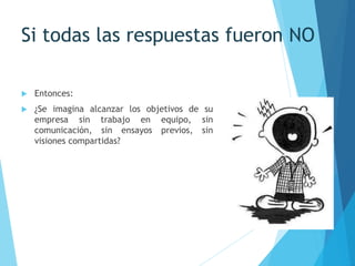 Si todas las respuestas fueron NO
 Entonces:
 ¿Se imagina alcanzar los objetivos de su
empresa sin trabajo en equipo, sin
comunicación, sin ensayos previos, sin
visiones compartidas?
 