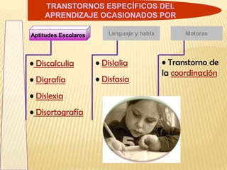 TRANSTORNOS ESPECÍFICOS DEL
    APRENDIZAJE OCASIONADOS POR

Aptitudes Escolares      Lenguaje y habla         Motoras




• Discalculia         • Dislalia            • Transtorno de
                                            la coordinación
• Digrafía            • Disfasia
• Dislexia
• Disortografía
 