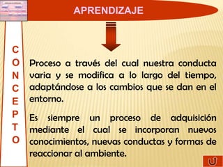 APRENDIZAJE


C
O   Proceso a través del cual nuestra conducta
N   varia y se modifica a lo largo del tiempo,
C   adaptándose a los cambios que se dan en el
E   entorno.
P   Es siempre un proceso de adquisición
T   mediante el cual se incorporan nuevos
O   conocimientos, nuevas conductas y formas de
    reaccionar al ambiente.
 