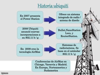 Historia ubiquiti
En 2007 presenta
el Power Station
Ofrece un sistema
integrado de radio /
antena de diseño
2008 Ubiquiti
...
