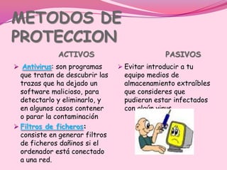 METODOS DE
PROTECCION
             ACTIVOS                           PASIVOS
 Antivirus: son programas       Evitar introducir a tu
  que tratan de descubrir las     equipo medios de
  trazas que ha dejado un         almacenamiento extraíbles
  software malicioso, para        que consideres que
  detectarlo y eliminarlo, y      pudieran estar infectados
  en algunos casos contener       con algún virus.
  o parar la contaminación
 Filtros de ficheros:
  consiste en generar filtros
  de ficheros dañinos si el
  ordenador está conectado
  a una red.
 
