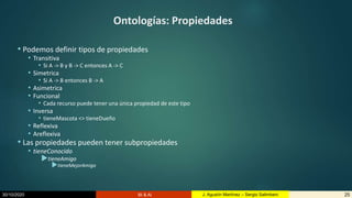 30/10/2020 BI & AI 25J. Agustín Martínez – Sergio Salimbeni
Ontologías: Propiedades
• Podemos definir tipos de propiedades
• Transitiva
• Si A -> B y B -> C entonces A -> C
• Simetrica
• Si A -> B entonces B -> A
• Asimetrica
• Funcional
• Cada recurso puede tener una única propiedad de este tipo
• Inversa
• tieneMascota <> tieneDueño
• Reflexiva
• Areflexiva
• Las propiedades pueden tener subpropiedades
• tieneConocido
tieneAmigo
tieneMejorAmigo
 
