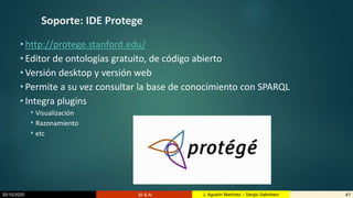 30/10/2020 BI & AI 41J. Agustín Martínez – Sergio Salimbeni
Soporte: IDE Protege
• http://protege.stanford.edu/
• Editor de ontologías gratuito, de código abierto
• Versión desktop y versión web
• Permite a su vez consultar la base de conocimiento con SPARQL
• Integra plugins
• Visualización
• Razonamiento
• etc
 