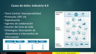 30/10/2020 BI & AI 48J. Agustín Martínez – Sergio Salimbeni
Casos de éxito: Industria 4.0
• Tema Central: Interoperabilidad
• Protocolo: OPC UA
• Digitalización
• Agentes de colaboración
• Gestión del Ciclo de Vida
• Ontologías: Descripción de
dispositivos e intercambio de
información
 