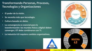 30/10/2020 BI & AI 5J. Agustín Martínez – Sergio Salimbeni
Transformando Personas, Procesos,
Tecnologías y Organizaciones
• El poder de la visión.
• Se necesita más que tecnología.
• Cultura basada en datos.
• La convergencia es esencial para la
transformación: los mundos físico y digital deben
converger; OT debe combinarse con TI.
• La industria 4.0 requiere cambios organizativos.
 