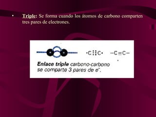 •

Triple: Se forma cuando los átomos de carbono comparten
tres pares de electrones.

 