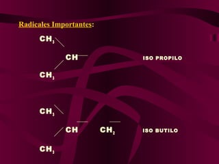 Radicales Importantes:
CH 3
 

CH

ISO PROPILO

CH 3

CH 3
CH
 

CH 3

CH 2

ISO BUTILO

 