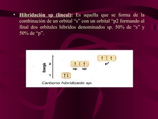 • Hibridación sp (lineal): Es aquella que se forma de la
combinación de un orbital “s” con un orbital “p2 formando al
final dos orbitales híbridos denominados sp. 50% de “s” y
50% de “p”.

 