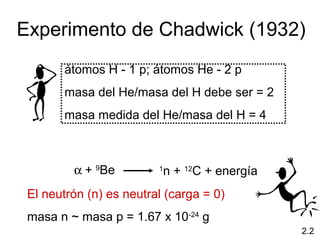 Experimento de Chadwick (1932)
       átomos H - 1 p; átomos He - 2 p
       masa del He/masa del H debe ser = 2
       masa medida del He/masa del H = 4



         α + 9Be         1
                          n + 12C + energía
 El neutrón (n) es neutral (carga = 0)
 masa n ~ masa p = 1.67 x 10-24 g
                                              2.2
 
