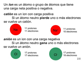 Un ion es un átomo o grupo de átomos que tiene
una carga neta positiva o negativa.
catión es un ion con carga positiva
     Si un átomo neutro pierde uno o más electrones
se vuelve un catión.

             11 protones                  11 protones
      Na     11 electrones      Na    +
                                          10 electrones


anión es un ion con una carga negativa
     Si un átomo neutro gana uno o más electrones
se vuelve un anión.
             17 protones                  17 protones
      Cl     17 electrones       Cl   -
                                          18 electrones
                                                          2.5
 