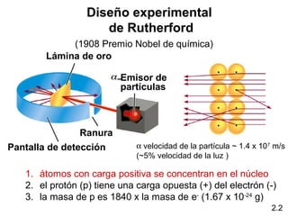 Diseño experimental
                    de Rutherford
             (1908 Premio Nobel de química)
        Lámina de oro

                          Emisor de
                          partículas



                Ranura
Pantalla de detección         α velocidad de la partícula ~ 1.4 x 107 m/s
                              (~5% velocidad de la luz )

   1. átomos con carga positiva se concentran en el núcleo 
   2. el protón (p) tiene una carga opuesta (+) del electrón (-) 
   3. la masa de p es 1840 x la masa de e- (1.67 x 10-24 g)
                                                                     2.2
 