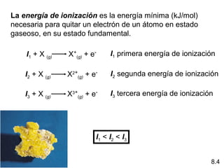 La energía de ionización es la energía mínima (kJ/mol)
necesaria para quitar un electrón de un átomo en estado
gaseoso, en su estado fundamental.

    I1 + X (g)   X+(g) + e-     I1 primera energía de ionización

    I2 + X (g)   X2+(g) + e-    I2 segunda energía de ionización

    I3 + X (g)   X3+(g) + e-    I3 tercera energía de ionización




                           I1 < I2 < I3


                                                               8.4
 