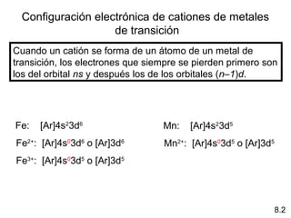 Configuración electrónica de cationes de metales
                    de transición
Cuando un catión se forma de un átomo de un metal de
transición, los electrones que siempre se pierden primero son
los del orbital ns y después los de los orbitales (n–1)d.




Fe:   [Ar]4s23d6                  Mn:   [Ar]4s23d5
Fe2+: [Ar]4s03d6 o [Ar]3d6        Mn2+: [Ar]4s03d5 o [Ar]3d5
Fe3+: [Ar]4s03d5 o [Ar]3d5




                                                               8.2
 