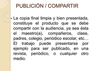 PUBLICIÓN / COMPARTIR 
 La copia final limpia y bien presentada, 
constituye el producto que se debe 
compartir con la audiencia, ya sea ésta 
el maestro(a), compañeros, clase, 
padres, colegio, periódico escolar, etc… 
El trabajo puede presentarse por 
ejemplo para ser publicado, en una 
revista, periódico, o cualquier otro 
medio. 

