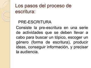 Los pasos del proceso de 
escritura: 
PRE-ESCRITURA 
Consiste la pre-escritura en una serie 
de actividades que se deben llevar a 
cabo para buscar un tópico, escoger un 
género (forma de escritura), producir 
ideas, conseguir información, y precisar 
la audiencia. 
 