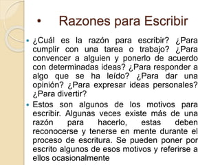 • Razones para Escribir 
 ¿Cuál es la razón para escribir? ¿Para 
cumplir con una tarea o trabajo? ¿Para 
convencer a alguien y ponerlo de acuerdo 
con determinadas ideas? ¿Para responder a 
algo que se ha leído? ¿Para dar una 
opinión? ¿Para expresar ideas personales? 
¿Para divertir? 
 Estos son algunos de los motivos para 
escribir. Algunas veces existe más de una 
razón para hacerlo, estas deben 
reconocerse y tenerse en mente durante el 
proceso de escritura. Se pueden poner por 
escrito algunos de esos motivos y referirse a 
ellos ocasionalmente 
 