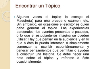Encontrar un Tópico 
 Algunas veces el tópico lo escoge el 
Maestro(a) para una prueba o examen, etc. 
Sin embargo, en ocasiones el escritor es quién 
debe generar el tópico. Las experiencias 
personales, los eventos presentes o pasados, 
o lo que el estudiante se imagina se pueden 
utilizar. Hay que pensar en la audiencia y en lo 
que a ésta le pueda interesar, o simplemente 
comenzar a escribir espontáneamente y 
generar pensamientos que permitan o ayuden 
a construir una historia. Se debe hacer una 
nota sobre el tópico y referirse a éste 
ocasionalmente. 
 