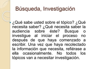 Búsqueda, Investigación 
 ¿Qué sabe usted sobre el tópico? ¿Qué 
necesita saber? ¿Qué necesita saber la 
audiencia sobre éste? Busque o 
investigue al iniciar el proceso no 
después de que haya comenzado a 
escribir. Una vez que haya recolectado 
la información que necesita, refiérase a 
ella ocasionalmente. No todos los 
tópicos van a necesitar investigación. 
 