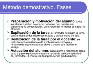 Método demostrativo. Fases
 Preparación y motivación del alumno: todos
los alumnos deben colocarse de forma que puedan ver
claramente la demostración. La función del formador es captar la
atención
 Explicación de la tarea: el formador explicará la tarea
centrándose en las diferentes etapas y puntos clave de ésta
 Realización de la tarea por el docente: se
realizará acompañándola de explicaciones verbales y
remarcando aquellos puntos clave o trucos que faciliten el
trabajo
 Actuación del alumno: cada alumno realizará la tarea
paso a paso explicando lo que va haciendo bajo la supervisión
del formador. El control irá desapareciendo gradualmente
 