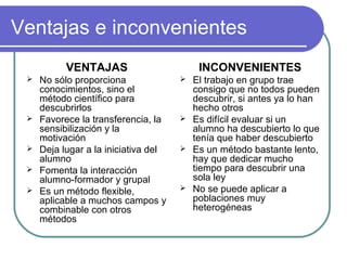 Ventajas e inconvenientes
VENTAJAS
 No sólo proporciona
conocimientos, sino el
método científico para
descubrirlos
 Favorece la transferencia, la
sensibilización y la
motivación
 Deja lugar a la iniciativa del
alumno
 Fomenta la interacción
alumno-formador y grupal
 Es un método flexible,
aplicable a muchos campos y
combinable con otros
métodos
INCONVENIENTES
 El trabajo en grupo trae
consigo que no todos pueden
descubrir, si antes ya lo han
hecho otros
 Es difícil evaluar si un
alumno ha descubierto lo que
tenía que haber descubierto
 Es un método bastante lento,
hay que dedicar mucho
tiempo para descubrir una
sola ley
 No se puede aplicar a
poblaciones muy
heterogéneas
 