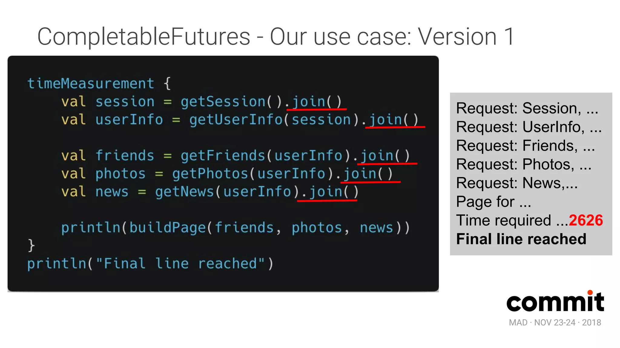 MAD · NOV 23-24 · 2018
CompletableFutures - Our use case: Version 1
Request: Session, ...
Request: UserInfo, ...
Request: Friends, ...
Request: Photos, ...
Request: News,...
Page for ...
Time required ...2626
Final line reached
 