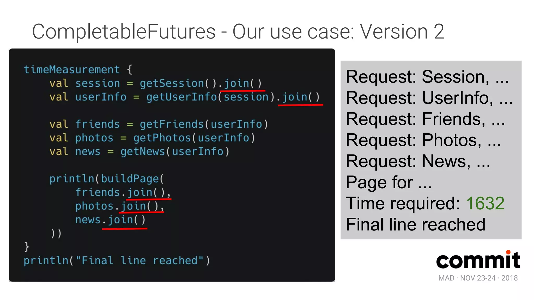 MAD · NOV 23-24 · 2018
CompletableFutures - Our use case: Version 2
Request: Session, ...
Request: UserInfo, ...
Request: Friends, ...
Request: Photos, ...
Request: News, ...
Page for ...
Time required: 1632
Final line reached
 