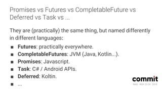 MAD · NOV 23-24 · 2018
Promises vs Futures vs CompletableFuture vs
Deferred vs Task vs ...
They are (practically) the same thing, but named differently
in different languages:
■ Futures: practically everywhere.
■ CompletableFutures: JVM (Java, Kotlin...).
■ Promises: Javascript.
■ Task: C# / Android APIs.
■ Deferred: Koltin.
■ ...
 
