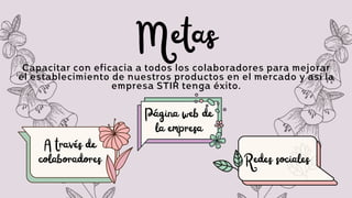 Metas
Capacitar con eficacia a todos los colaboradores para mejorar
el establecimiento de nuestros productos en el mercado y así la
empresa STIR tenga éxito.
Página web de
la empresa
Redes sociales
A través de
colaboradores
 