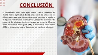 La insuficiencia renal, tanto aguda como crónica, representa un
desafío médico significativo debido a la pérdida de función de los
riñones, esenciales para eliminar desechos y mantener el equilibrio
de líquidos y electrolitos en el cuerpo. Conocer los términos y las
causas de las distintas afecciones renales, así como la diferencia
entre insuficiencia renal aguda (IRA) e insuficiencia renal crónica
(IRC), es fundamental para su diagnóstico y tratamiento adecuado.
CONCLUSIÓN
 