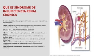 QUE ES SÍNDROME DE
INSUFICIENCIA RENAL
CRÓNICA
Se refiere a la pérdida gradual y progresiva de la función renal durante un período largo,
generalmente años.
CARACTERÍSTICAS: Es irreversible y suele avanzar hacia la necesidad de diálisis o
trasplante renal cuando llega a etapas avanzadas (fase terminal).
CAUSAS DE LA INSUFICIENCIA RENAL CRÓNICA
1. Diabetes mellitus: Es una de las principales causas de IRC debido a la nefropatía
diabética.
2. Hipertensión arterial: La presión alta no controlada puede dañar los vasos
sanguíneos renales.
3. Glomerulonefritis crónica: Inflamación crónica de los glomérulos que afecta la
filtración renal.
4. Enfermedades hereditarias: Como la enfermedad poliquística renal.
5. Obstrucción crónica de las vías urinarias: Debido a litiasis o problemas
prostáticos.
6. Uso excesivo de medicamentos nefrotóxicos: Como ciertos analgésicos o
antibióticos.
 