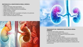 SÍNTOMAS DE LA INSUFICIENCIA RENAL CRÓNICA
• Fatiga crónica.
• Retención de líquidos (edema generalizado).
• Cambios en la cantidad y frecuencia de la micción.
• Anemia (debido a la disminución de la eritropoyetina).
• Pérdida de apetito y náuseas.
• Picazón en la piel (prurito).
• Dificultad para respirar (por la acumulación de líquidos en los pulmones).
• Halitosis (aliento con olor a amoníaco).
• Dolor o sensación de pesadez en los riñones.
TRATAMIENTO DE SÍNDROME INSUFICIENCIA RENAL
CRÓNICA:
1. Control de enfermedades subyacentes:
• Control estricto de la diabetes y la hipertensión.
• Uso de medicamentos que protejan los riñones (IECA,ARA-II).
2. Modificación del estilo de vida:
• Dieta baja en proteínas, sodio y potasio.
• Evitar el consumo de sustancias nefrotóxicas (alcohol, medicamentos).
3. Diálisis: Si la función renal se deteriora lo suficiente, es necesario iniciar
diálisis (hemodiálisis o diálisis peritoneal) para reemplazar la función renal.
4.Trasplante renal: Es la opción más eficaz en pacientes con insuficiencia renal
crónica terminal.
 