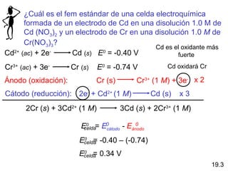 ¿Cuál es el fem estándar de una celda electroquímica
     formada de un electrodo de Cd en una disolución 1.0 M de
     Cd (NO3)2 y un electrodo de Cr en una disolución 1.0 M de
     Cr(NO3)3?
                                           Cd es el oxidante más
Cd (ac) + 2e
  2+         -
                   Cd (s) E = -0.40 V
                            0
                                                  fuerte

Cr3+ (ac) + 3e-      Cr (s)    E0 = -0.74 V          Cd oxidará Cr

Ánodo (oxidación):            Cr (s)       Cr3+ (1 M) + 3e- x 2
Cátodo (reducción): 2e- + Cd2+ (1 M)             Cd (s)   x3
       2Cr (s) + 3Cd2+ (1 M)           3Cd (s) + 2Cr3+ (1 M)

                        E0 = E0
                         celda
                                          0
                               cátodo - Eánodo

                       Ecelda -0.40 – (-0.74)
                        0
                            =
                       Ecelda 0.34 V
                        0
                            =
                                                                     19.3
 