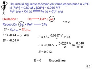 Ocurrirá la siguiente reacción en forma espontánea a 250C
     si [Fe2+] = 0.60 M y [Cd2+] = 0.010 M?
     Fe2+ (aq) + Cd (s)      Fe (s) + Cd2+ (aq)

Oxidación :           Cd      Cd2+ + 2e-
                                                n=2
Reducción : 2e- + Fe2+            2Fe
E0 = E0 2+ /Fe – ECd 2+
      Fe
                  0
                      /Cd

E0 = -0.44 – (-0.40)                 0.0257 V
                             E = E0 -          ln Q
                                         n
E0 = -0.04 V
                                           0.0257 V    0.010
                             E = -0.04 V -          ln
                                               2       0.60
                             E = 0.013

                            E>0         Espontánea
                                                               19.5
 