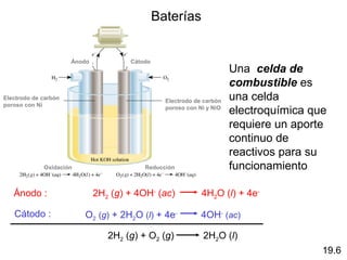 Baterías


                      Ánodo           Cátodo
                                                                       Una celda de
                                                                       combustible es
Electrodo de carbón                              Electrodo de carbón   una celda
poroso con Ni                                    poroso con Ni y NiO
                                                                       electroquímica que
                                                                       requiere un aporte
                                                                       continuo de
                                                                       reactivos para su
             Oxidación                    Reducción                    funcionamiento

   Ánodo :                    2H2 (g) + 4OH- (ac)            4H2O (l) + 4e-

   Cátodo :              O2 (g) + 2H2O (l) + 4e-             4OH- (ac)

                                 2H2 (g) + O2 (g)            2H2O (l)
                                                                                        19.6
 
